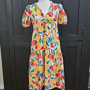Donna Morgan Cream Maxi Dress with Red & Yellow Citrus Print and Teal Leaves